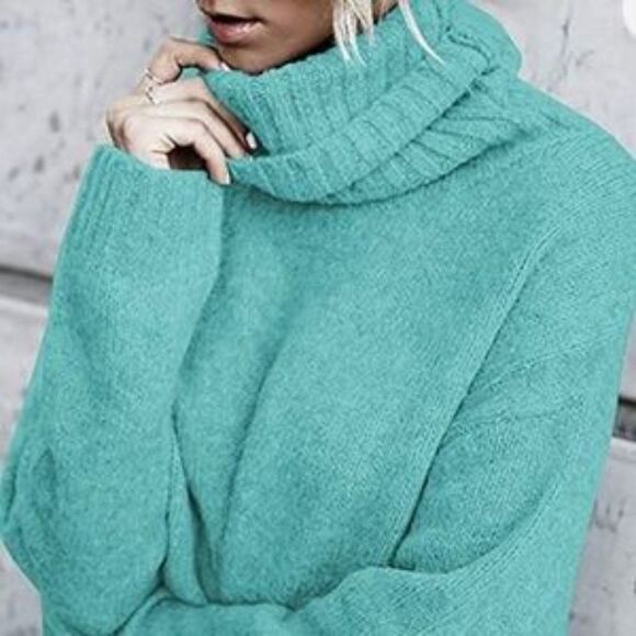 New Lake Blue Oversized Turtleneck Pullover Sweater - Picture 1 of 5